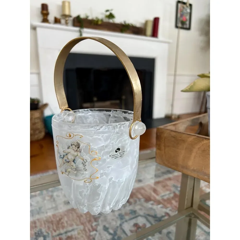 Vintage Creazioni Silvestri Arte Murano Crystal Ice Bucket Cherub Italian
